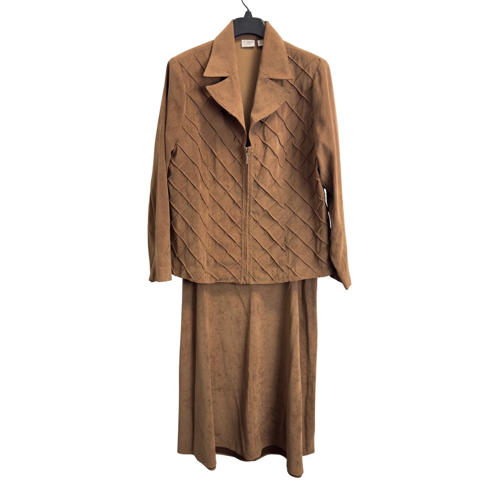 Cato Woman Brown Faux Suede Pintuck Skirt Suit Set Size 14/16W Full Zip Jacket
